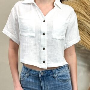 Love Notes button down crop top white gauze shirt S